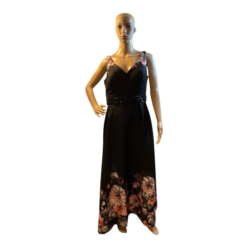 Ignite Evenings Women’s Maxi Dress Black  Floral Border Beaded High Waist Size 8